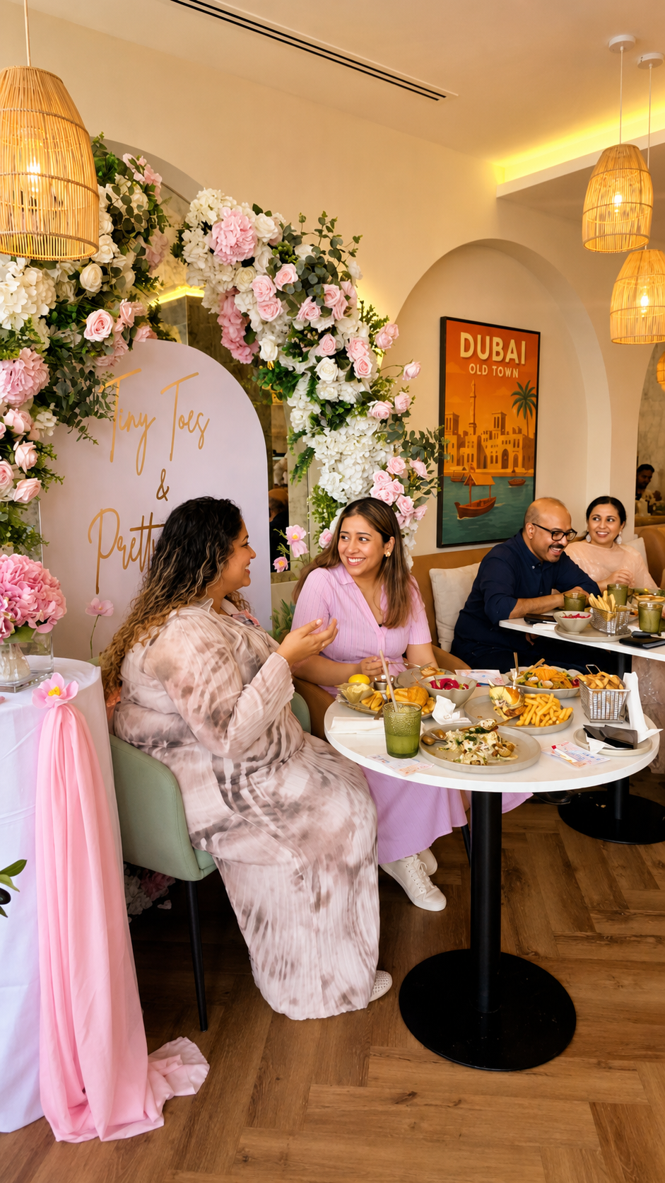 A decorated private event at Tavia with guests enjoying brunch