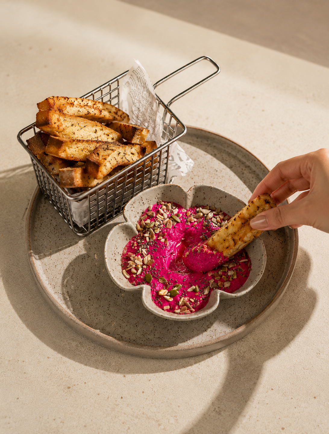 Beetroot hummus with herbed sourdough soldiers at Tavia